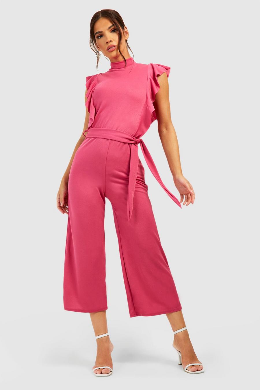 Hot pink Jumpsuit i culottemodell med hög hals och volanger image number 1