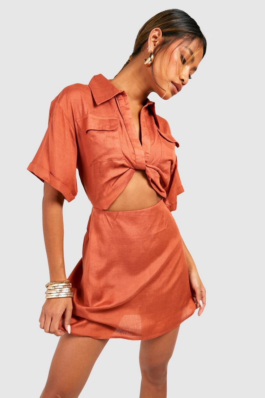 Vestito camicia in cotone stile Utility con cut-out, Terracotta image number 1