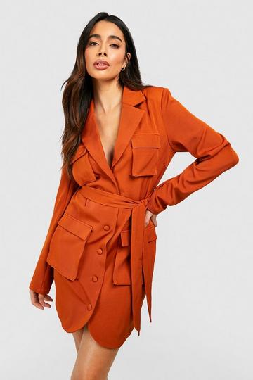 Terracotta Orange Utility Pocket Blazer Dress
