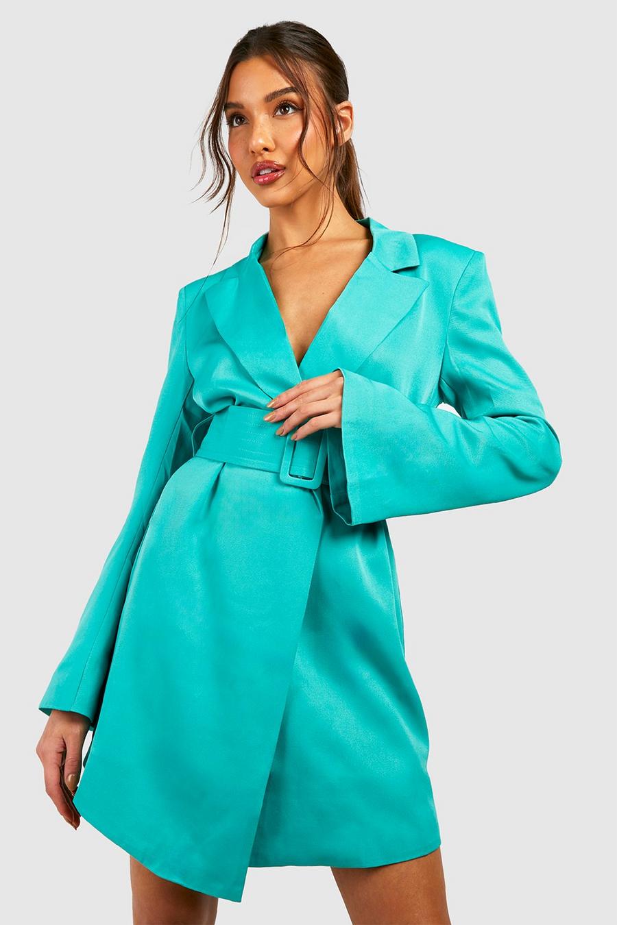 Green grön Split Sleeve Belted Blazer Dress