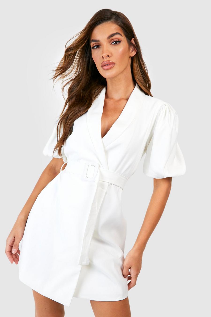 Puff Sleeve Belted Blazer Dress, Ivory bianco