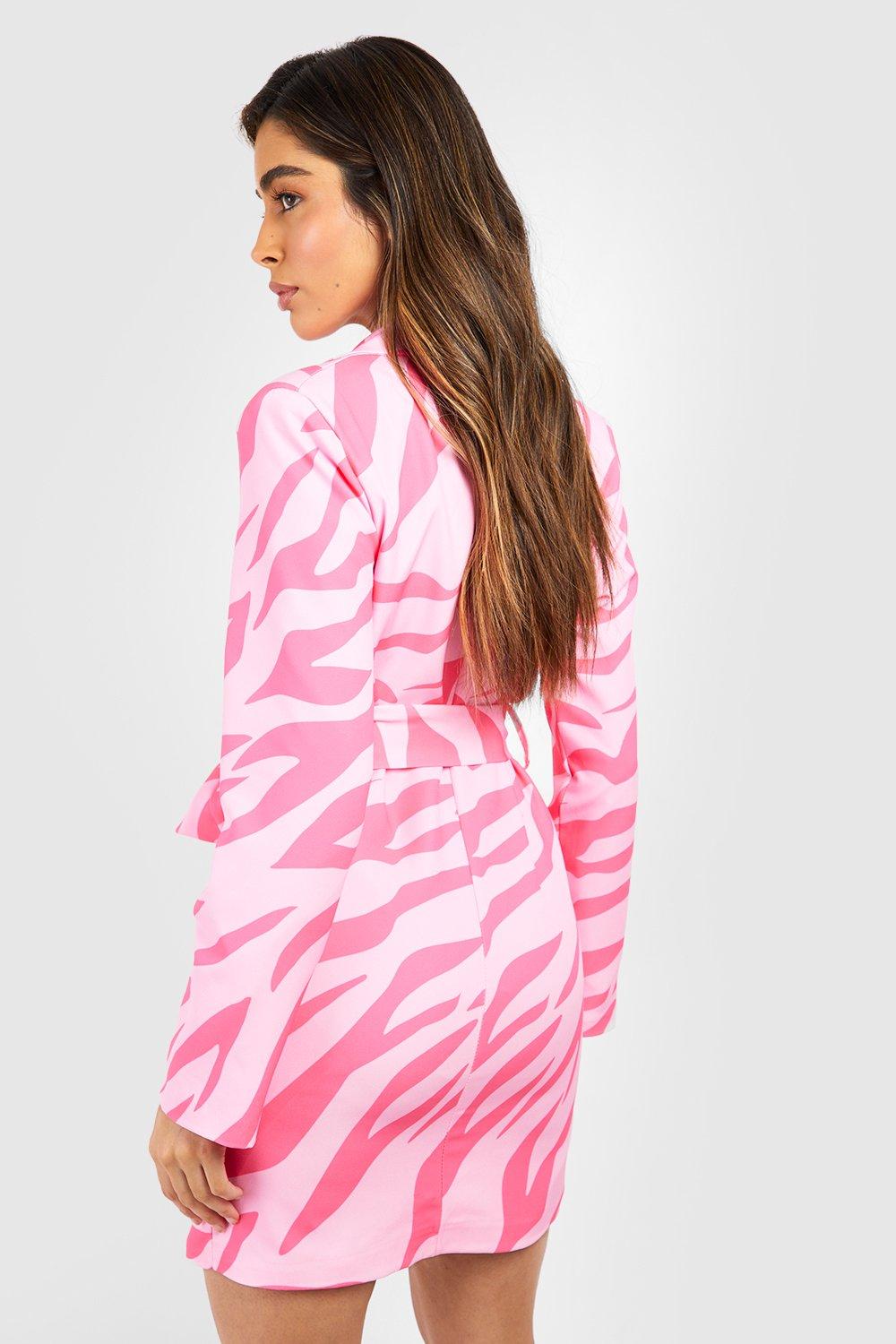 Pink Zebra Tie Waist Blazer Dress boohoo