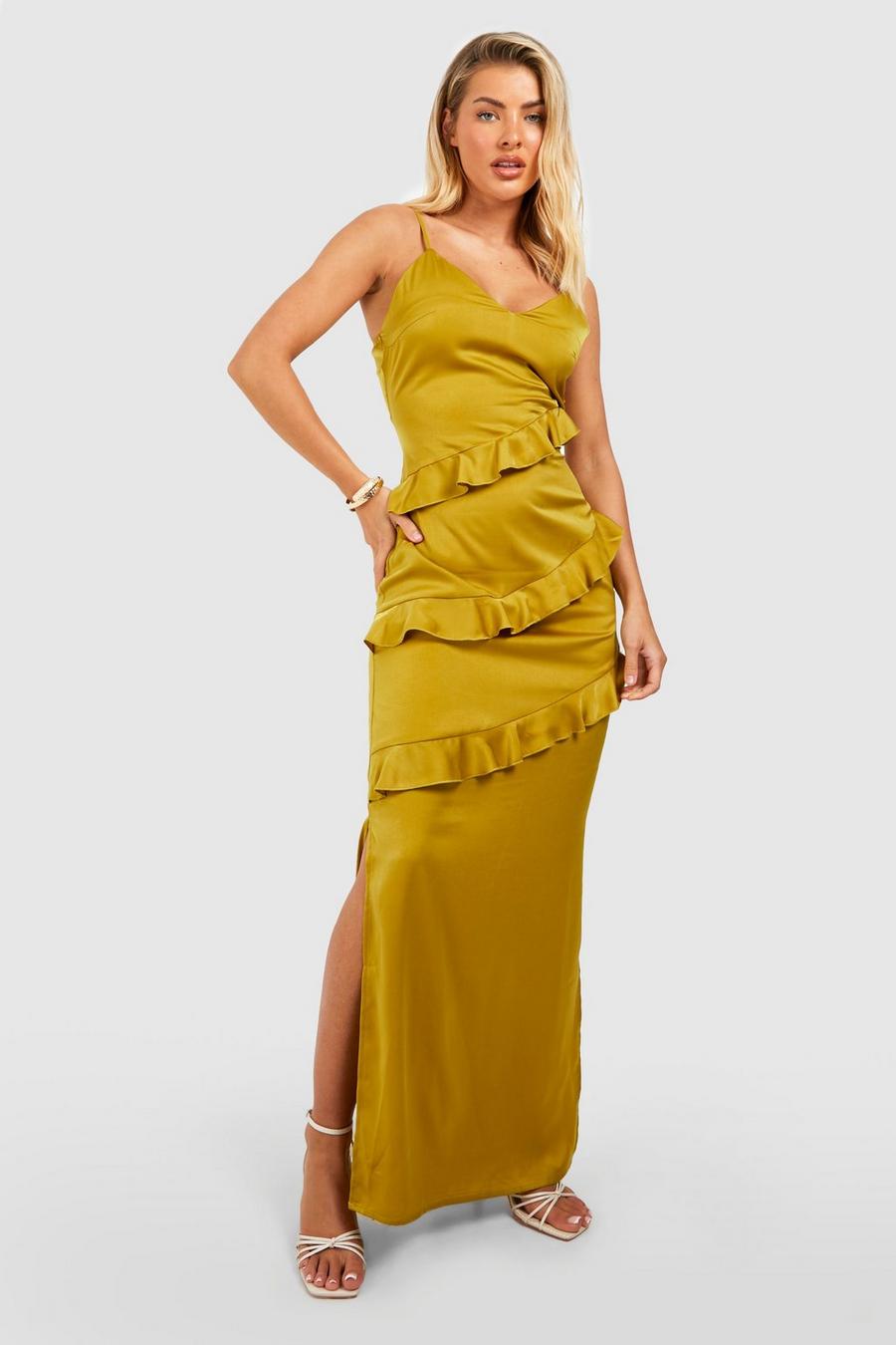 Chartreuse yellow Satin Frill Detail Maxi Dress