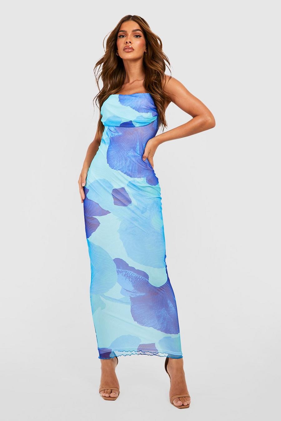 Blue Abstract Floral Print Mesh Maxi Slip Dress