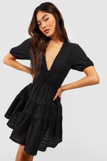 Textured Tiered Smock Dress black