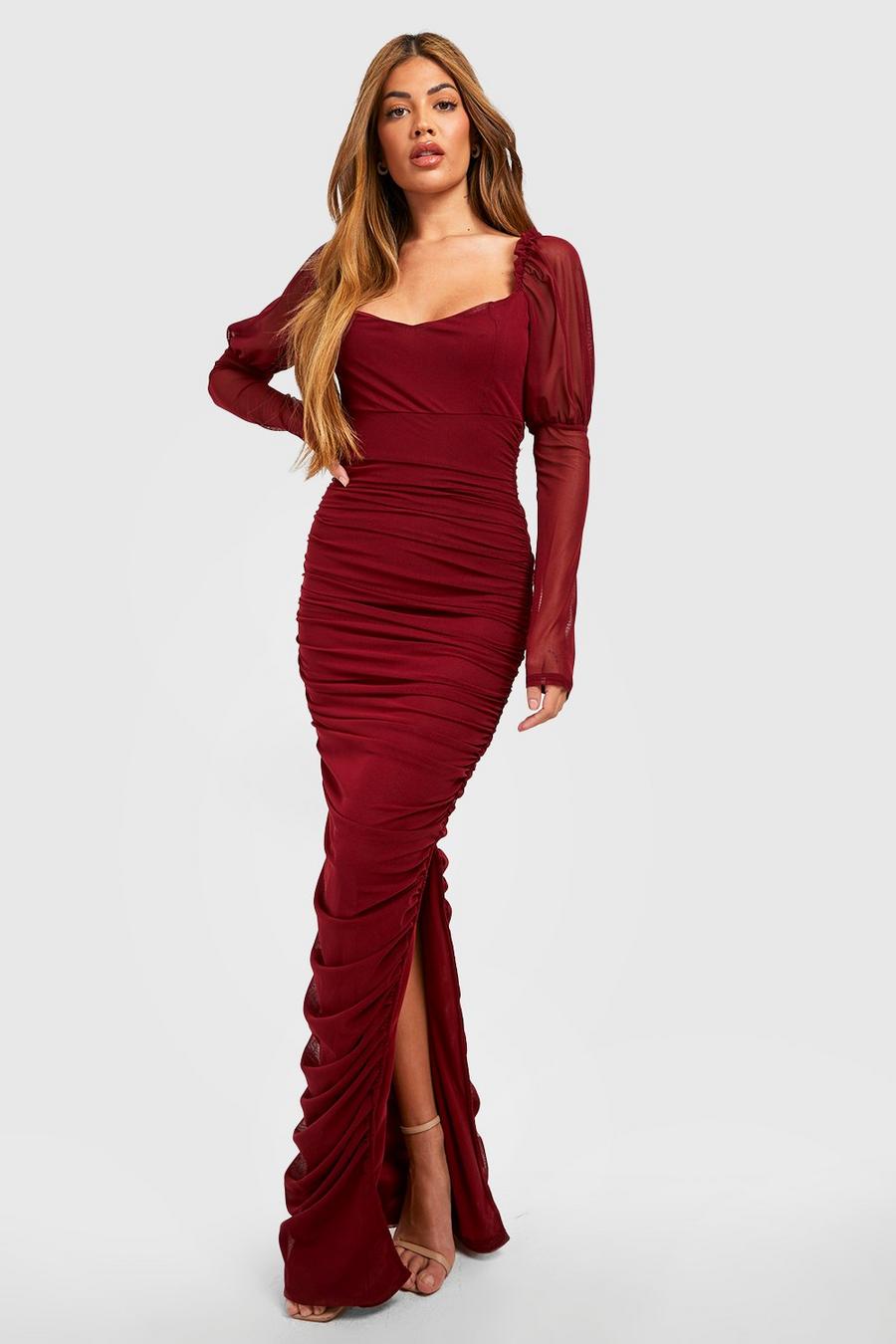 Wine Mesh Square Neck Ruched Maxi Dress