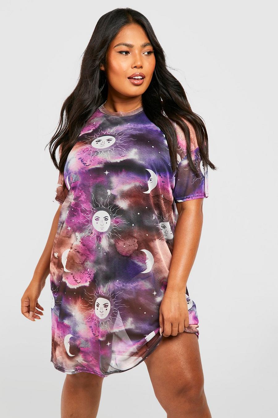 Plus Mesh T-Shirt-Kleid mit Sonne & Mond Print, Purple image number 1