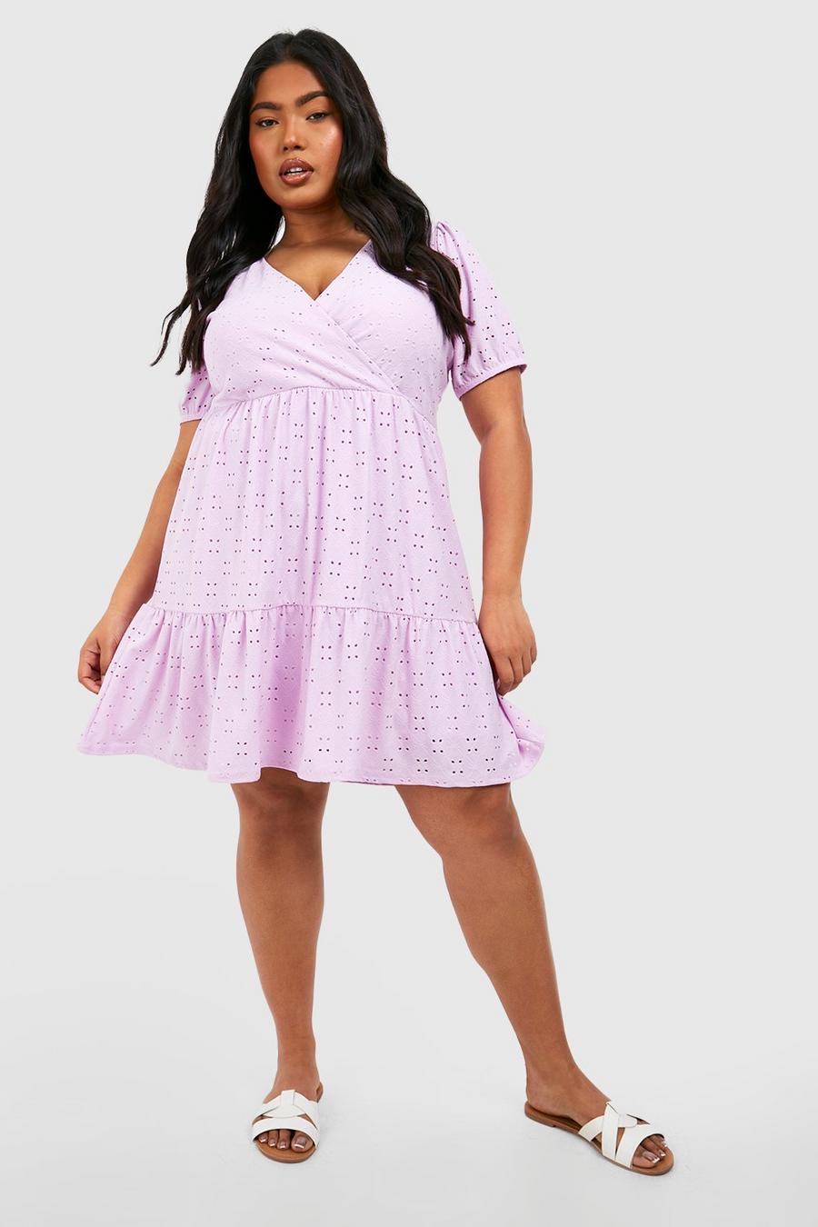 Lilac purple Plus Jersey Broderie Wrap Tiered Smock Dress