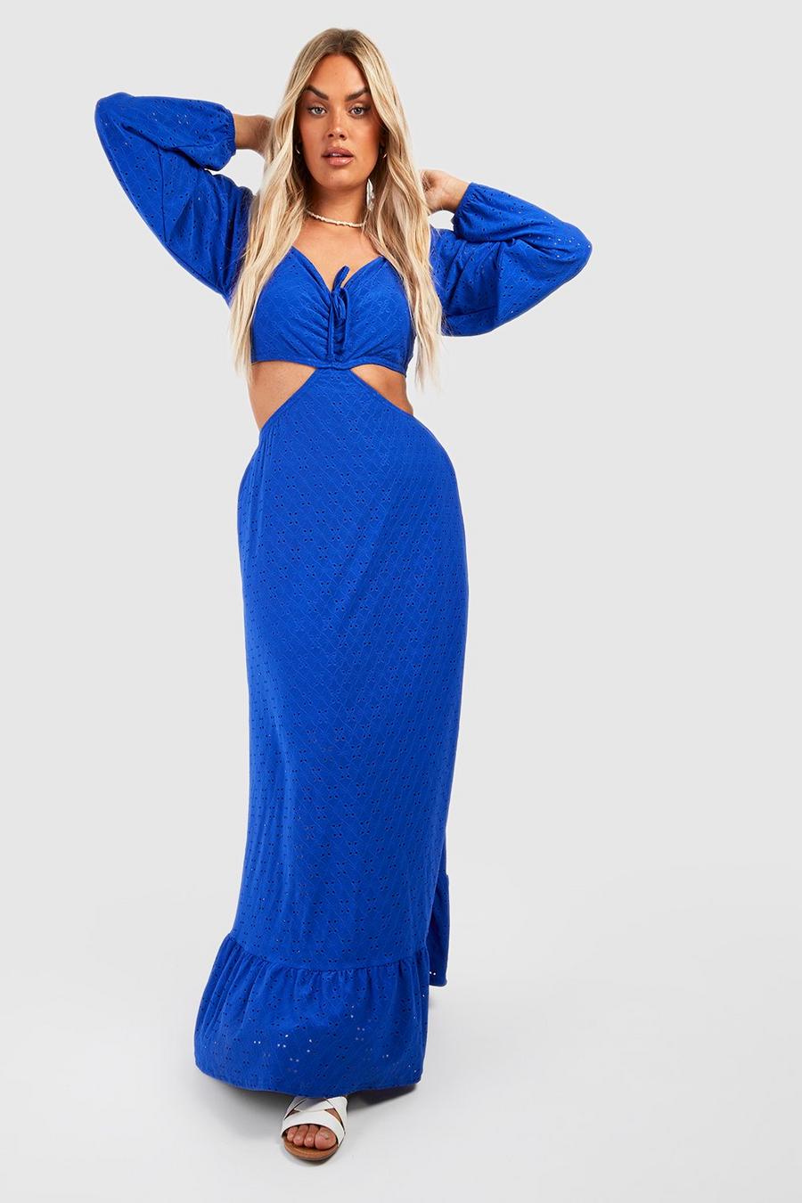 Cobalt azul Plus Jersey Broderie Ruched Front Maxi Dress