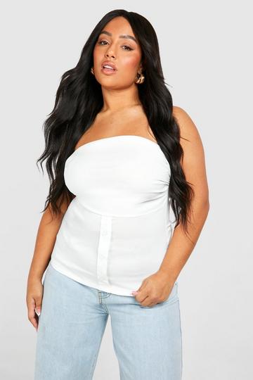 White Plus Ruched Bandeau Button Detail Top