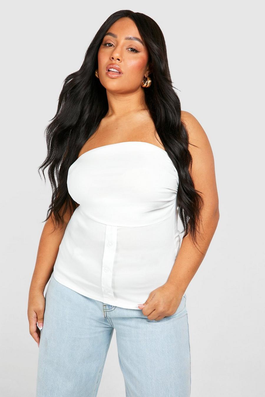 Off white Plus Ruched Bandeau Button Detail Top