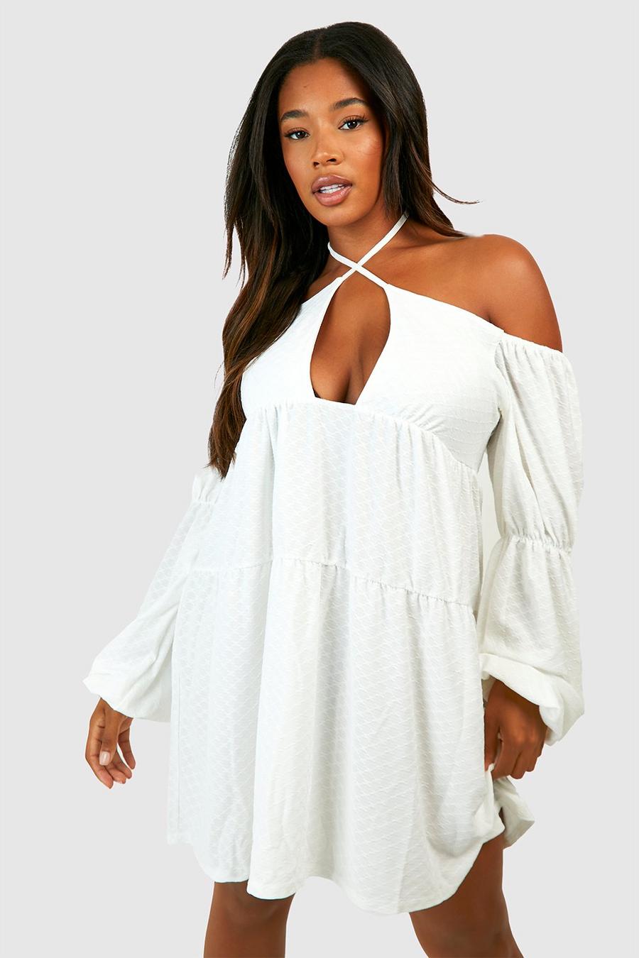 Grande taille - Robe babydoll texturée à manches bouffantes, White image number 1