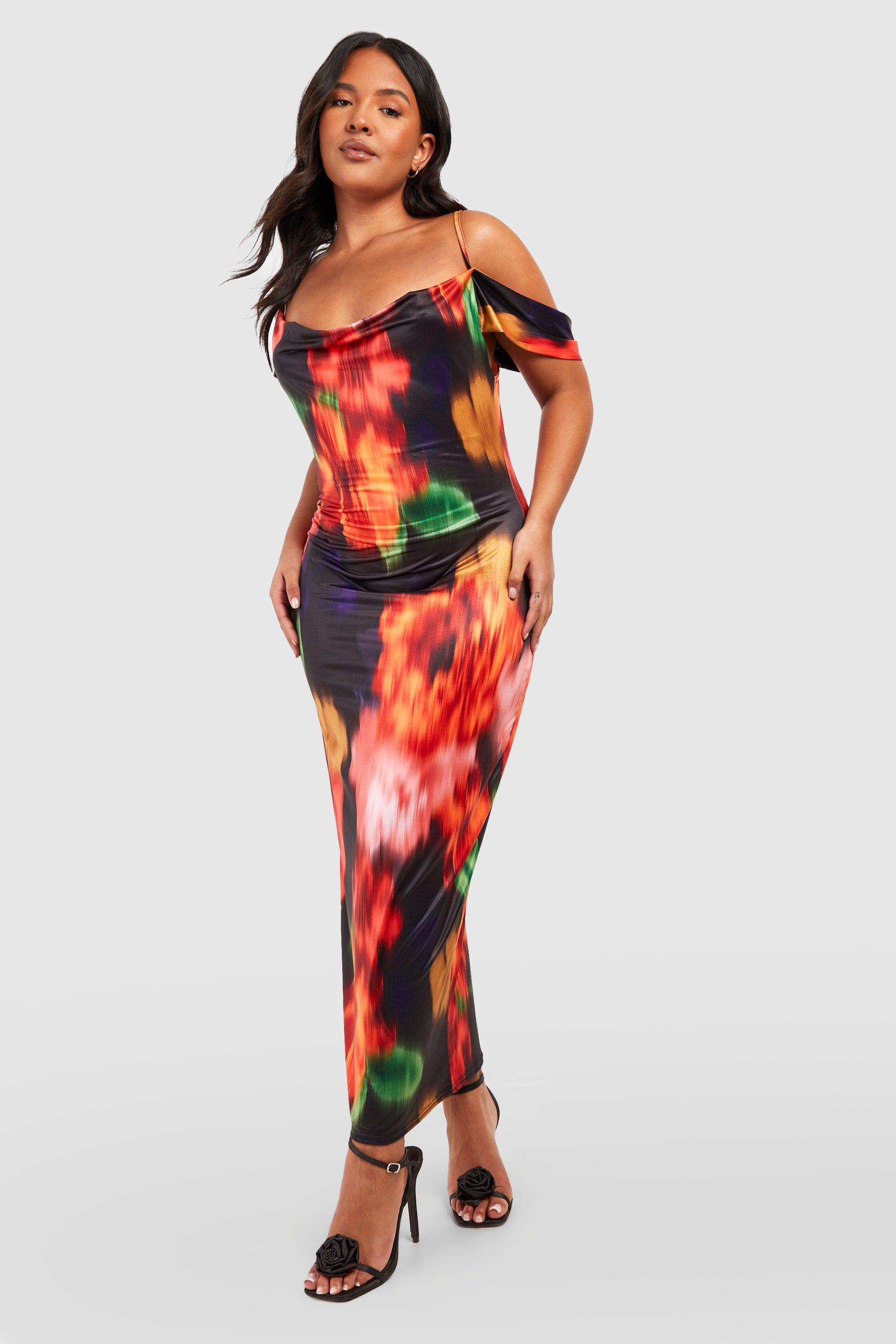 Plus Slinky Floral Cold Shoulder Maxi Dress