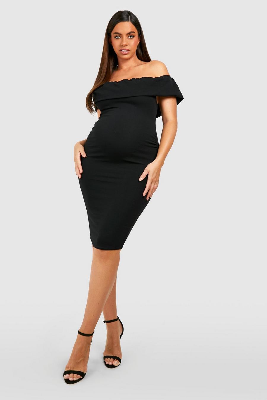Black Maternity Volume Ruffle Bardot Midi Dress image number 1