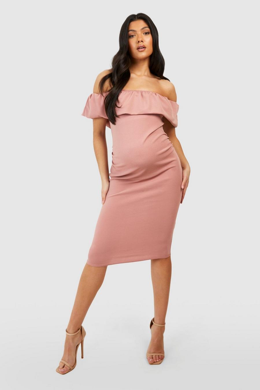 Blush pink Maternity Volume Ruffle Bardot Midi Dress