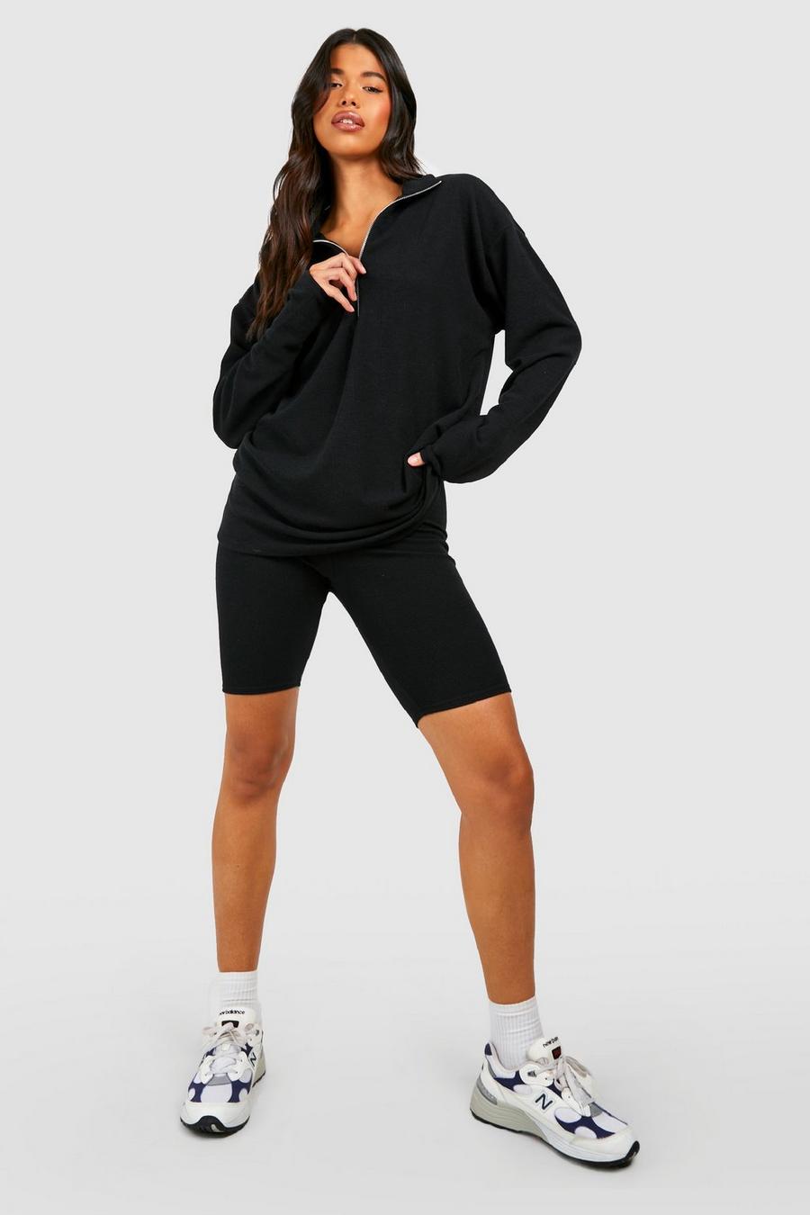Black Tall Rib Half Zip Sweat Top And Cycle Short Tracksuit image number 1