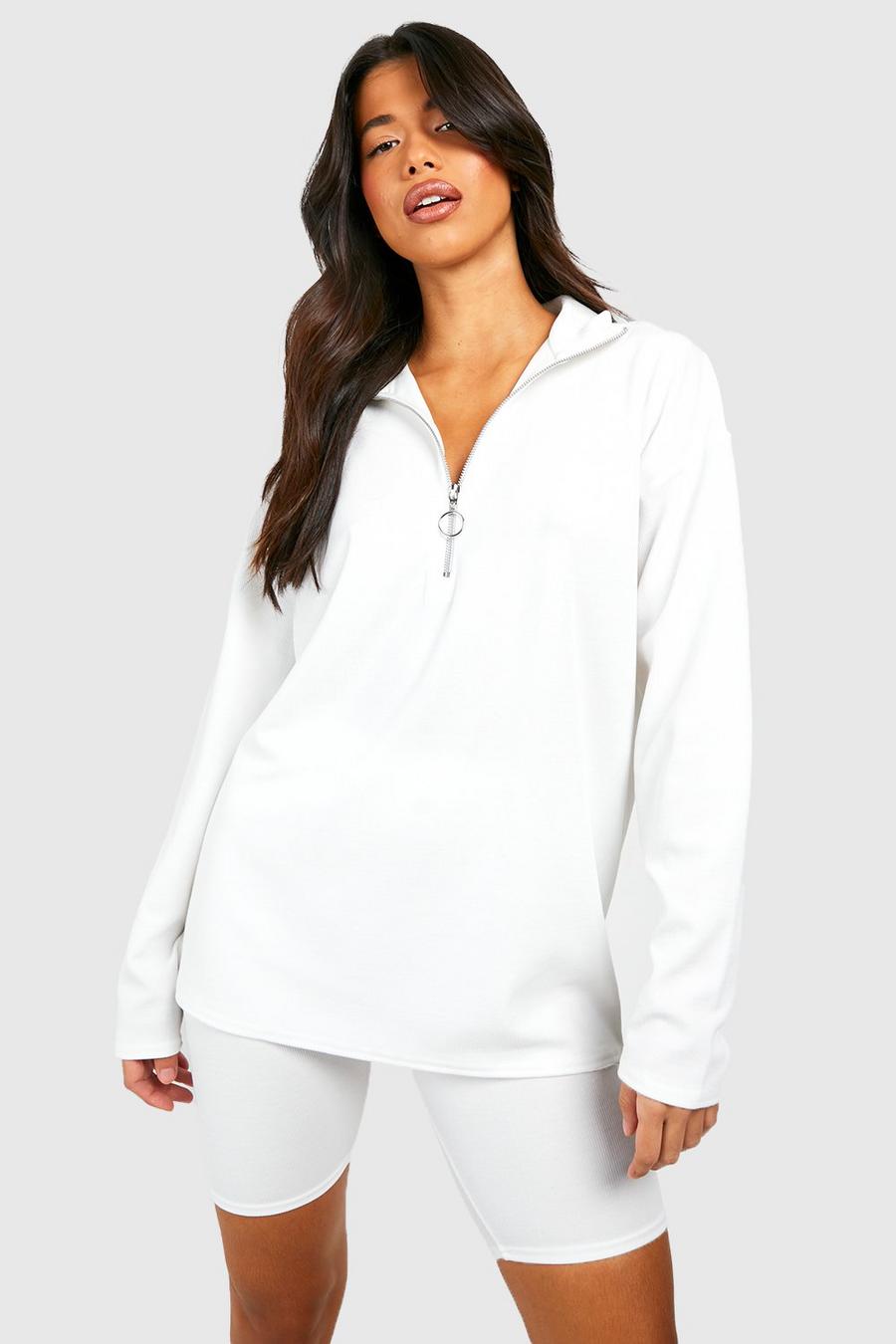 Ivory Tall Rib Half Zip Sweat Top And Cycle Short Tracksuit image number 1