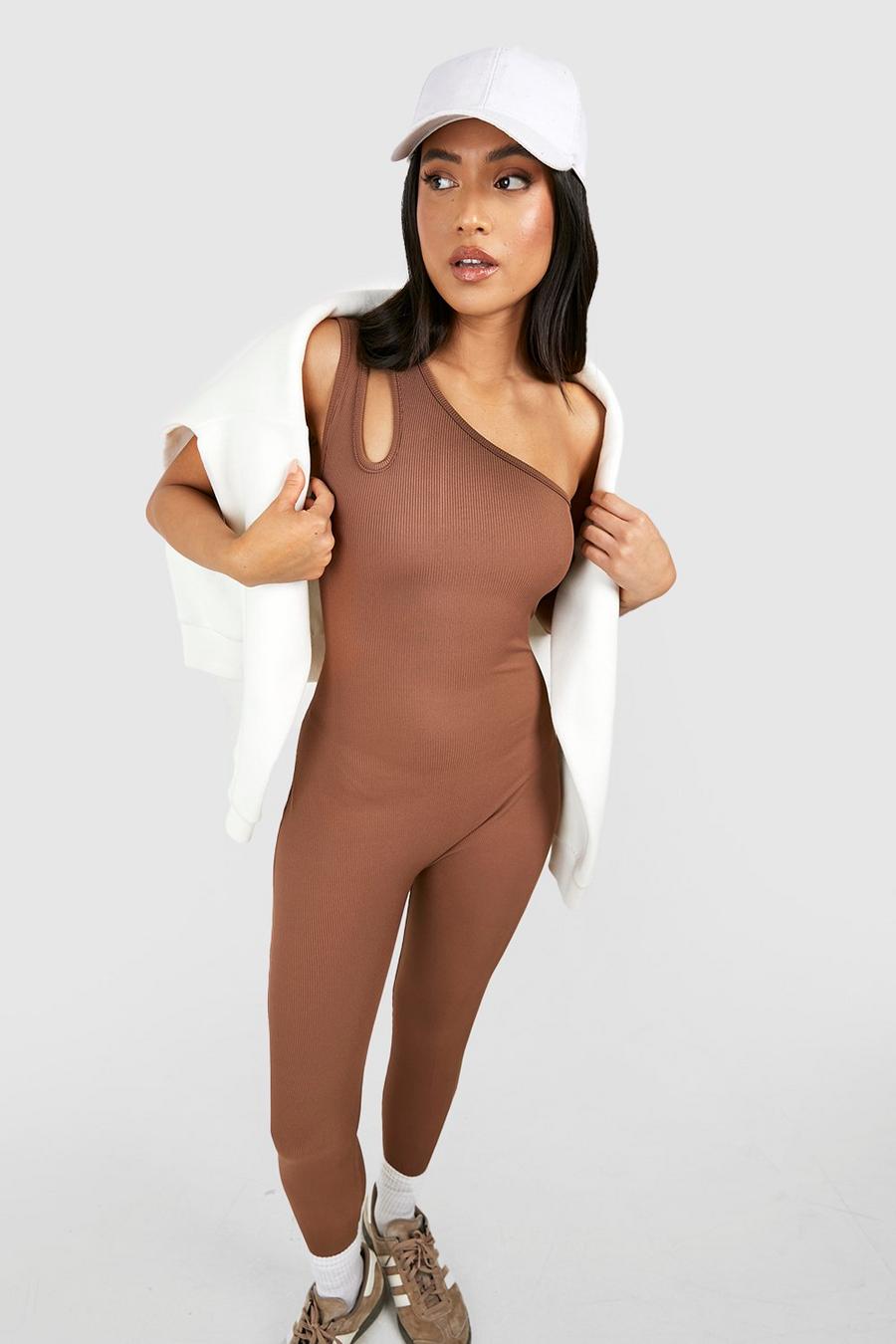 Chocolate brown Petite Cut Out One Shoulder Unitard Jumpsuit image number 1