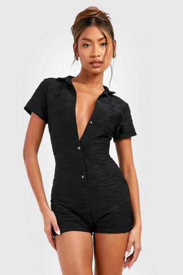 Black Textured Wave Button Front Romper