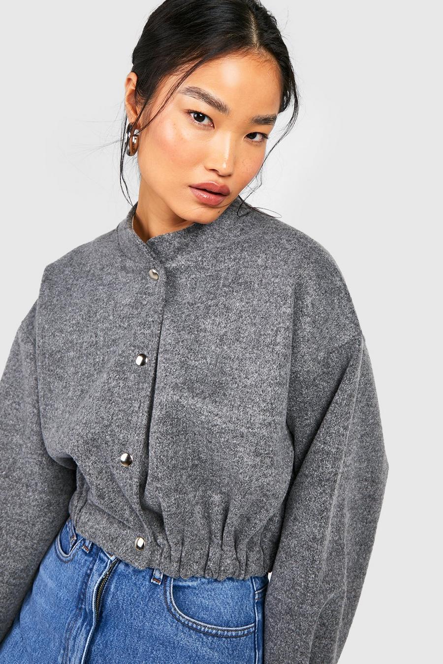 Charcoal Wool Look Bomber Jacket image number 1