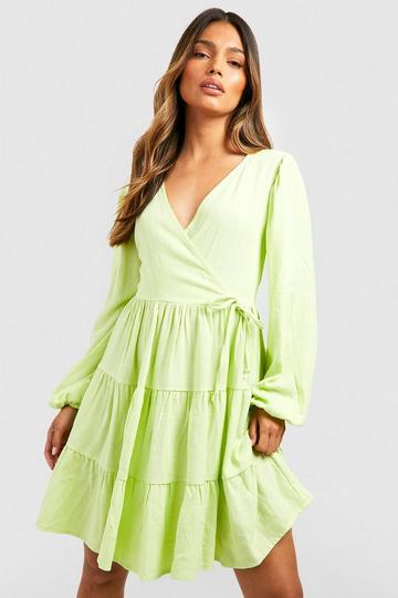 Lime Green Linen Look Tiered Wrap Smock Dress