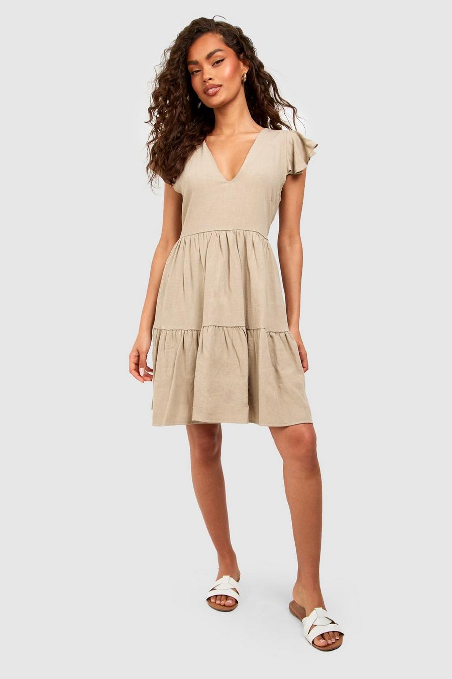 Stone Linen Frill Tiered Smock Dress image number 1
