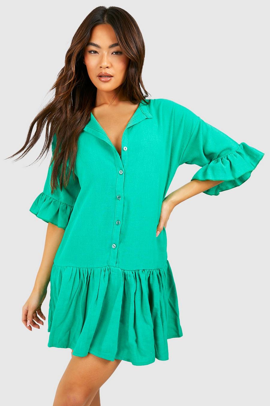Vestido holgado de lino con caída en el bajo, Green image number 1