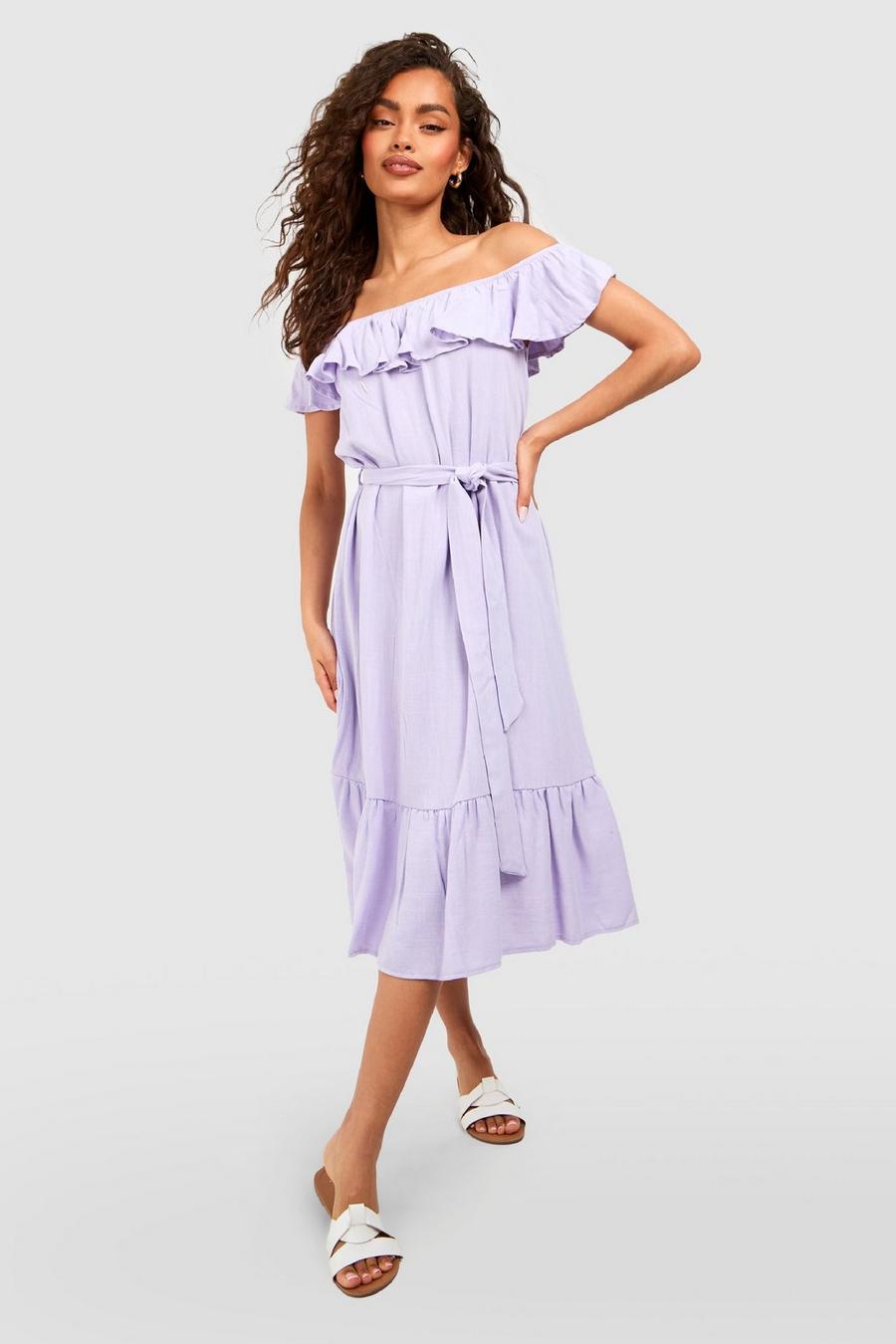 Lilac purple Linen Bardot Frill Midi Dress