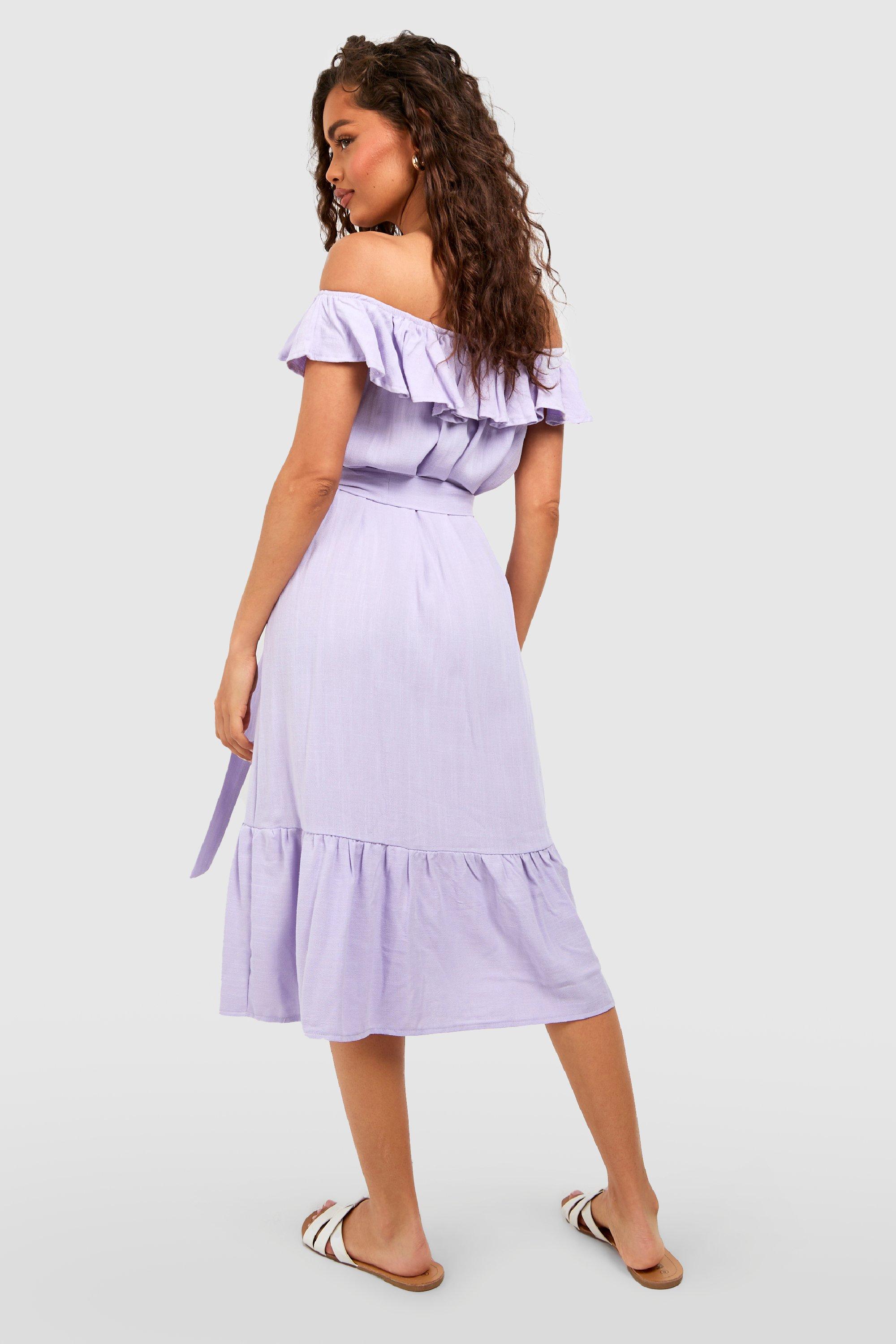 Linen Bardot Frill Midi Dress boohoo