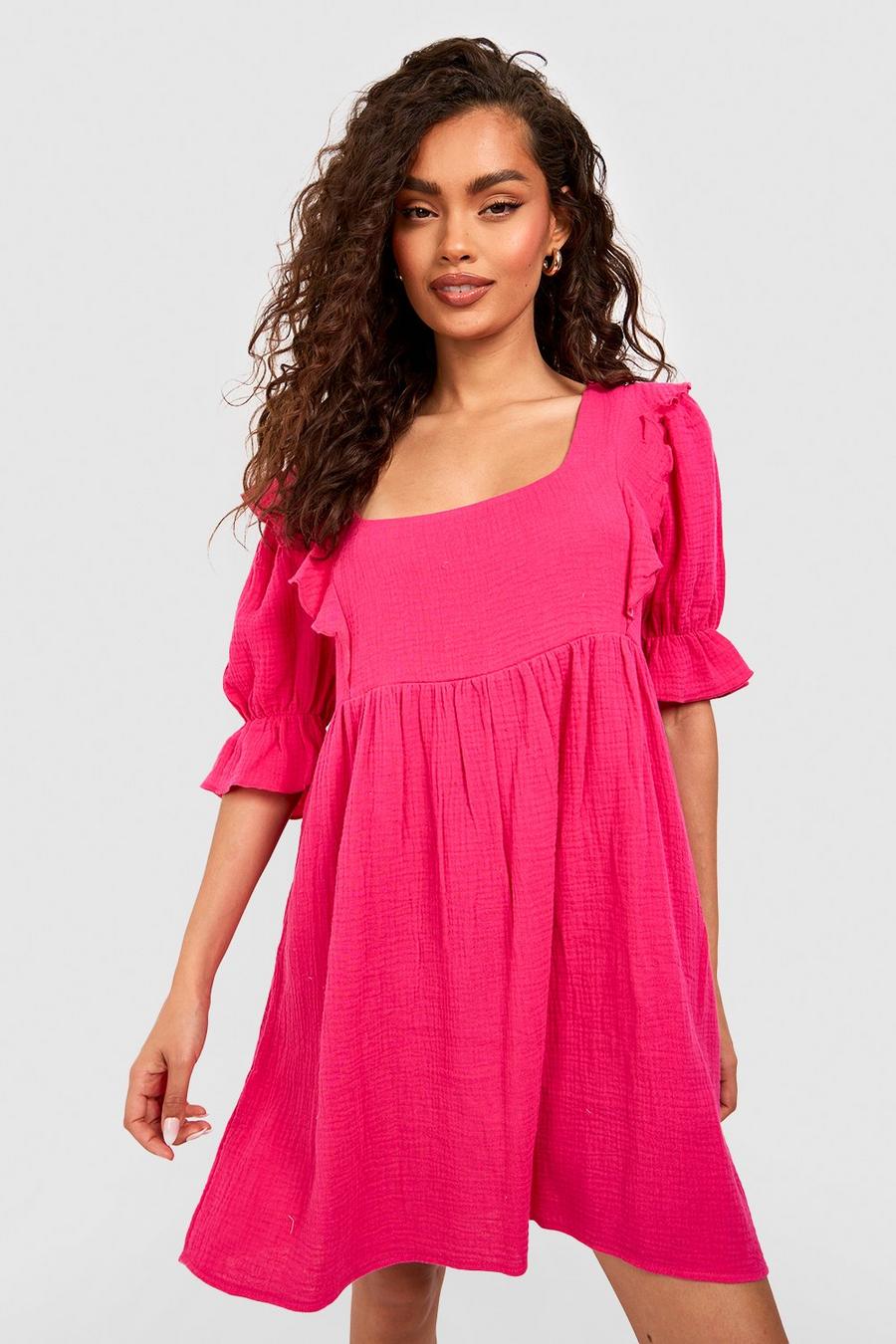 Hot pink Textured Cotton Ruffle Smock Dress image number 1