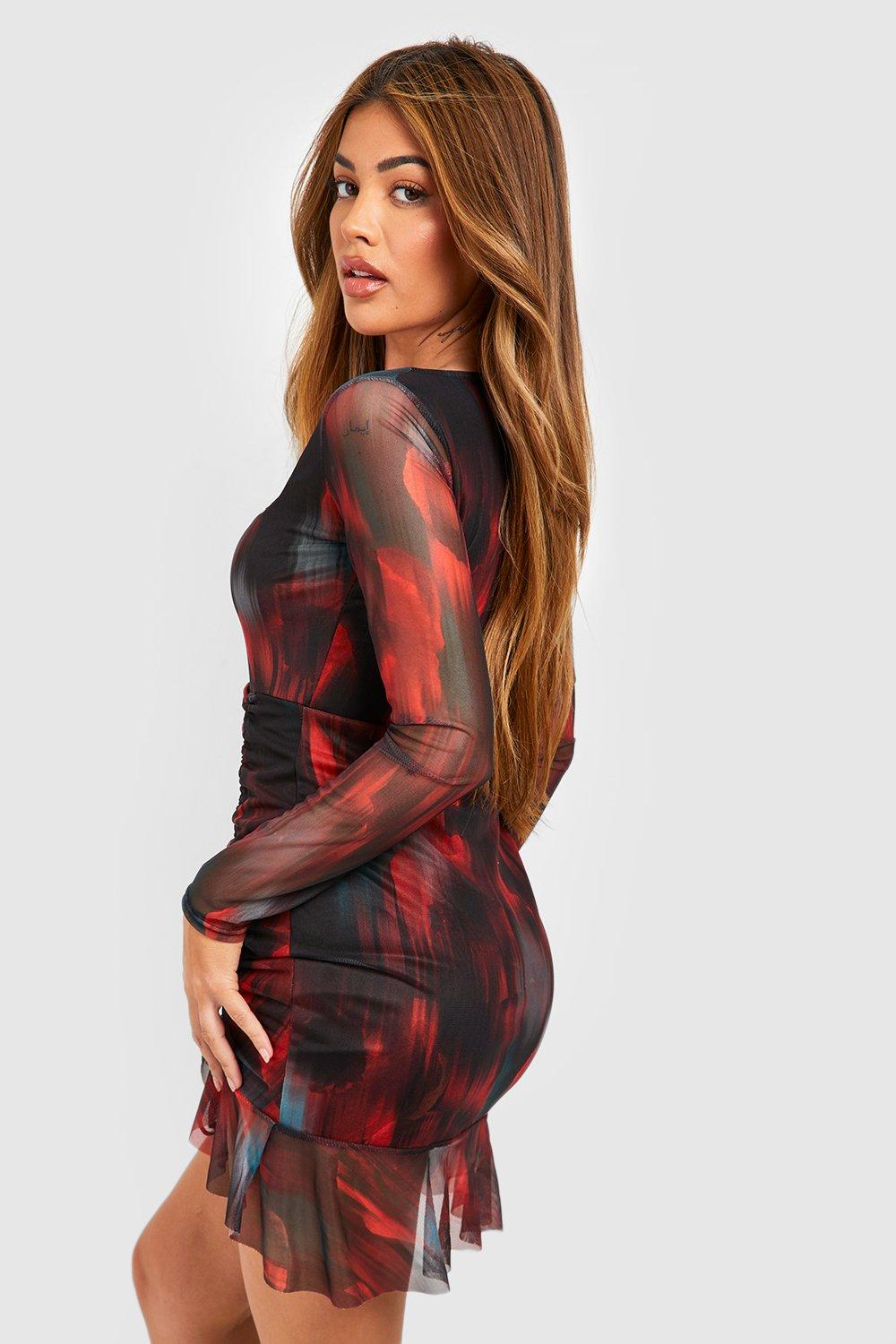 Abstract Floral Ruched Mesh Mini Dress | boohoo USA