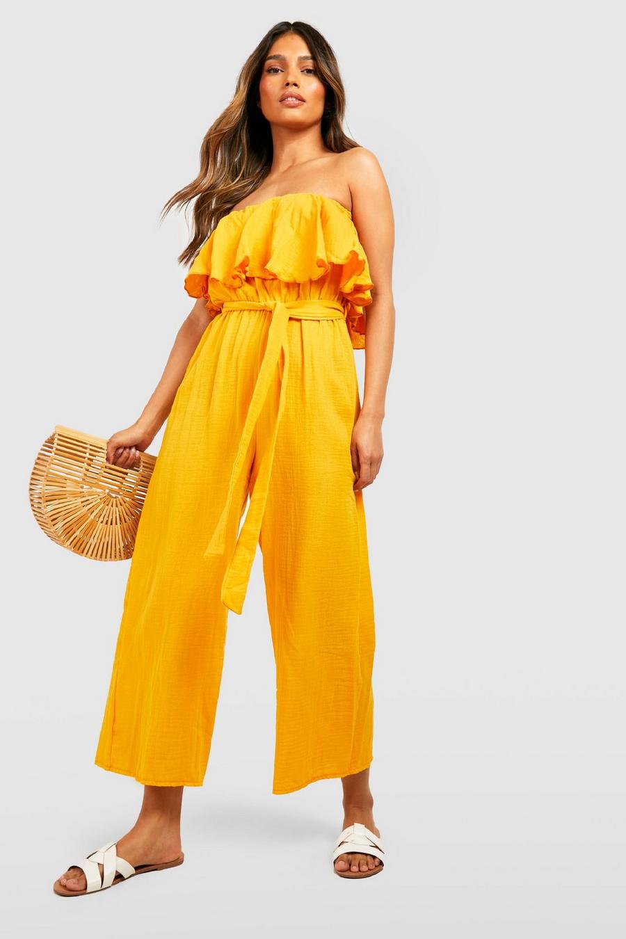 Mustard yellow Textured Cotton Off The Shoulder Culotte Jumpsuit