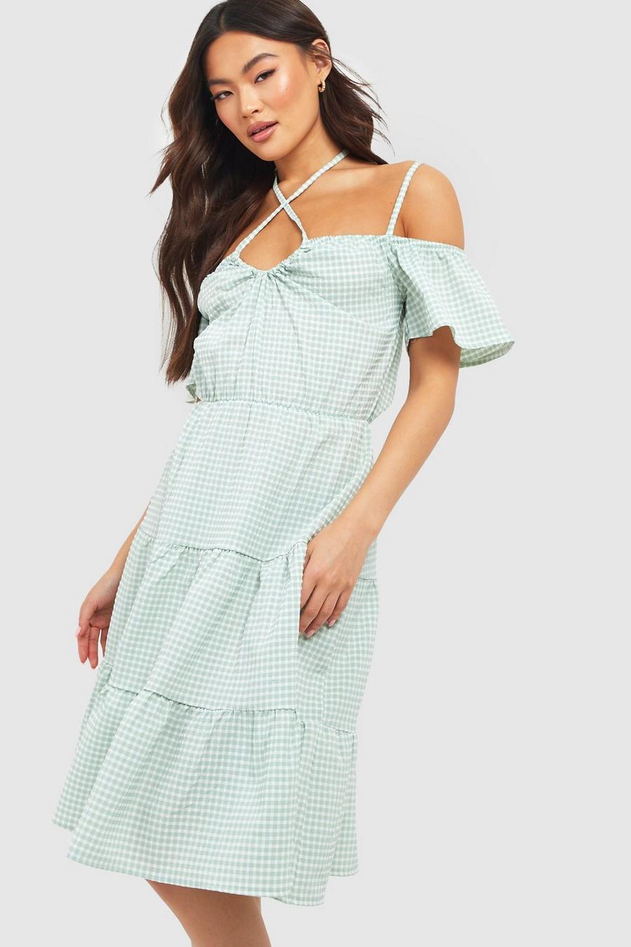 Sage green Textured Gingham Tiered Midi Dress image number 1