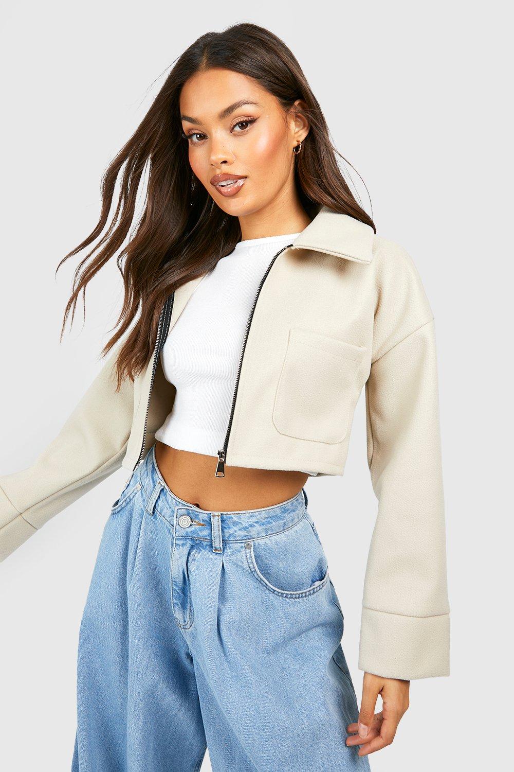 Cropped Wool Look Zip Jacket | boohoo