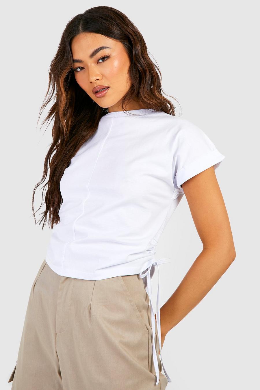 White Ruched Side Roll Sleeve Crop T-shirt image number 1