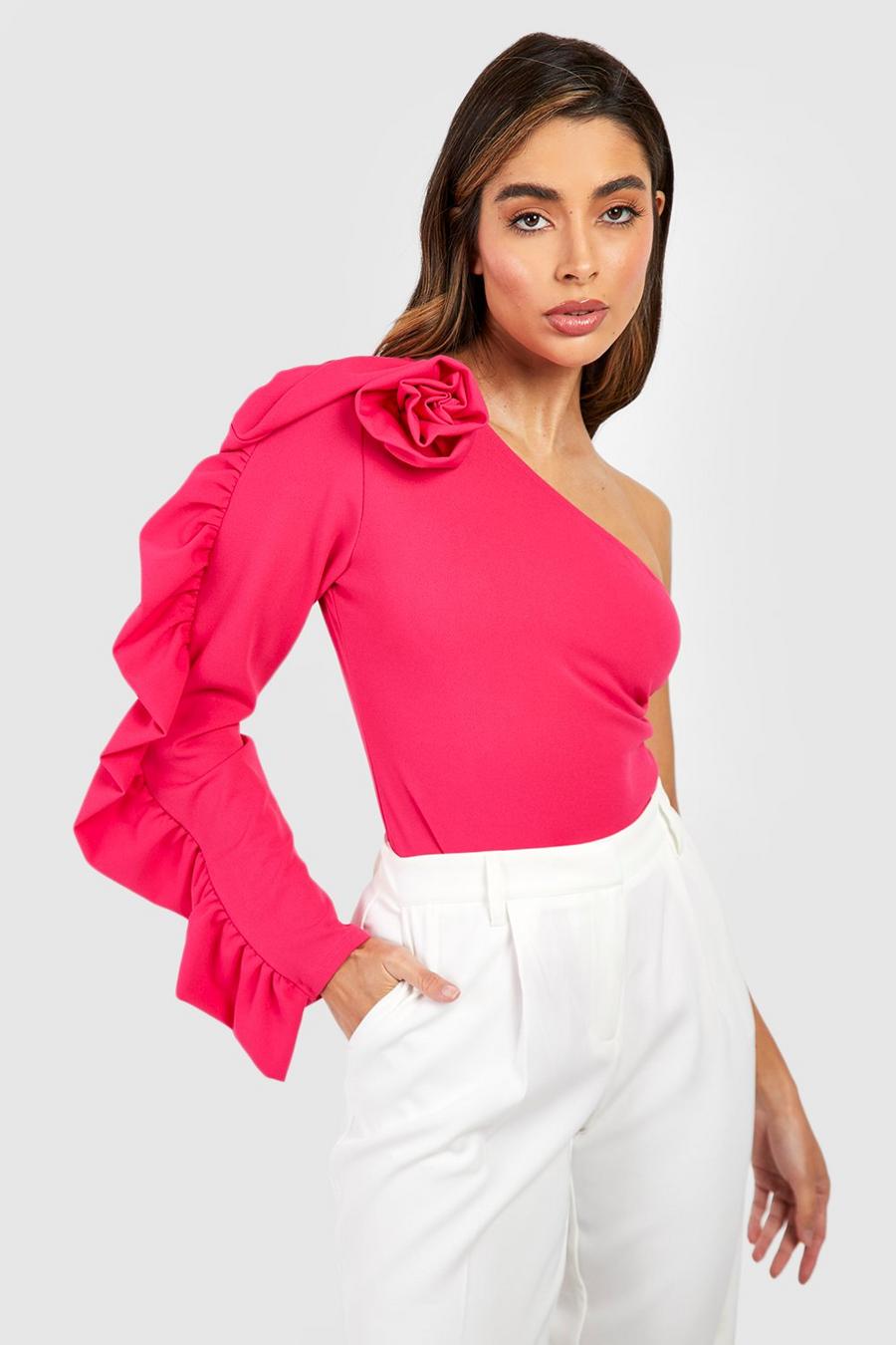 Hot pink One Shoulder Rose Detail Bodysuit
