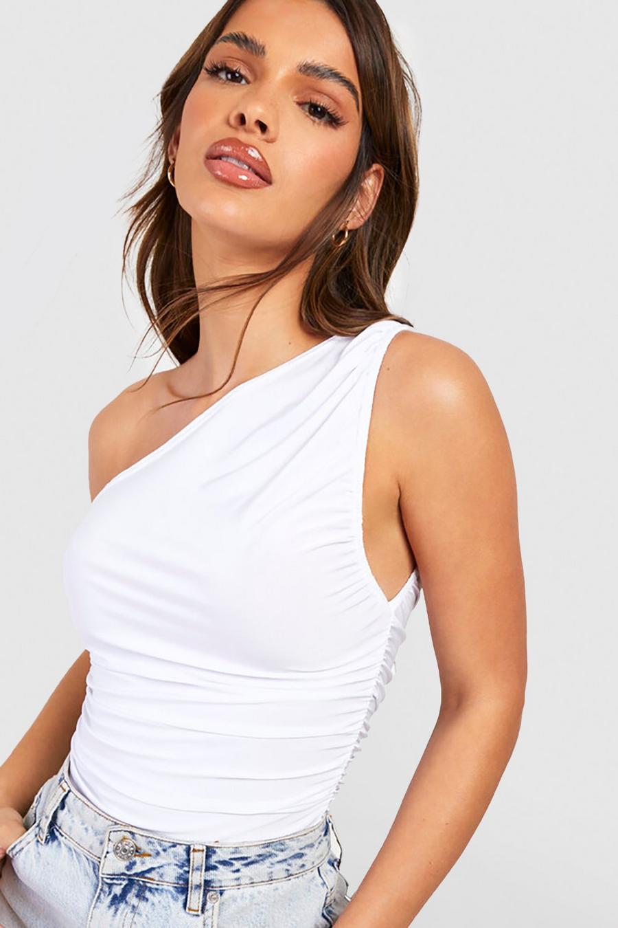 White Slinky One Shoulder Ruched Top image number 1
