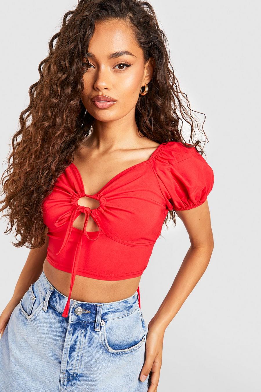 Red Puff Sleeve Ring Detail Tie Back Corset Top image number 1