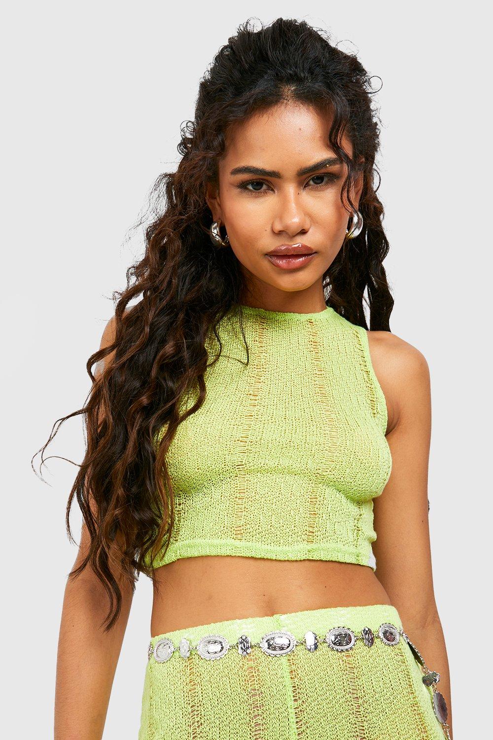 Women's Lime Distressed Sleeveless Racer Crop Top