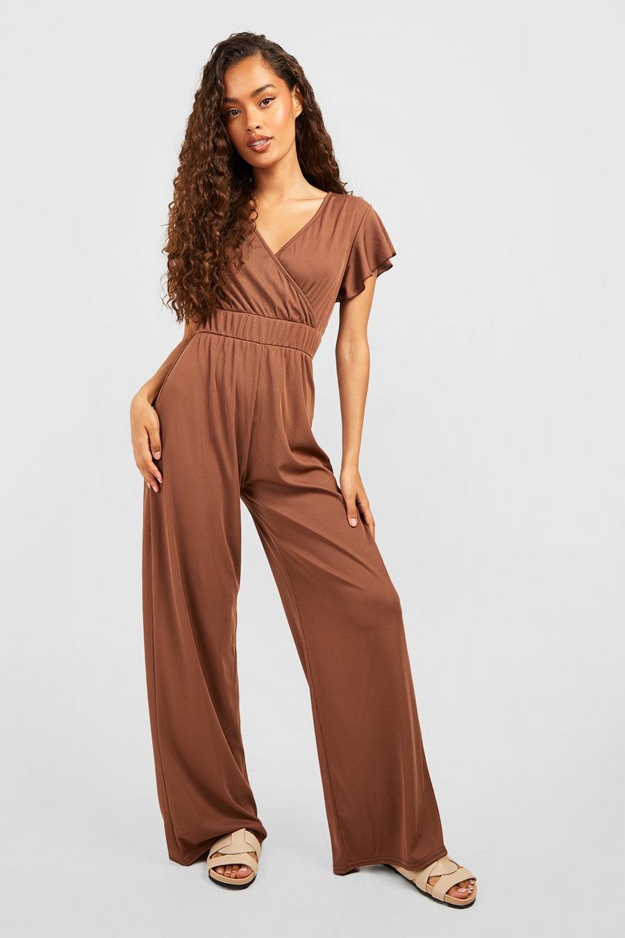 Chocolate Ruffle Wrap Wide Leg Ribbed Jumpsuit  image number 1