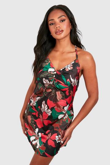 Black Large Scale Floral Print Strappy Slip Dress