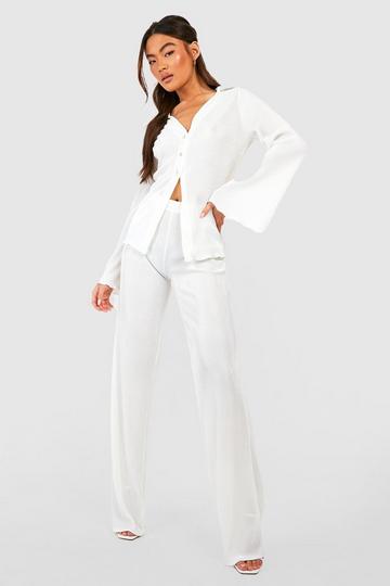 Cream White Plisse Floor Sweeping Wide Leg Trousers