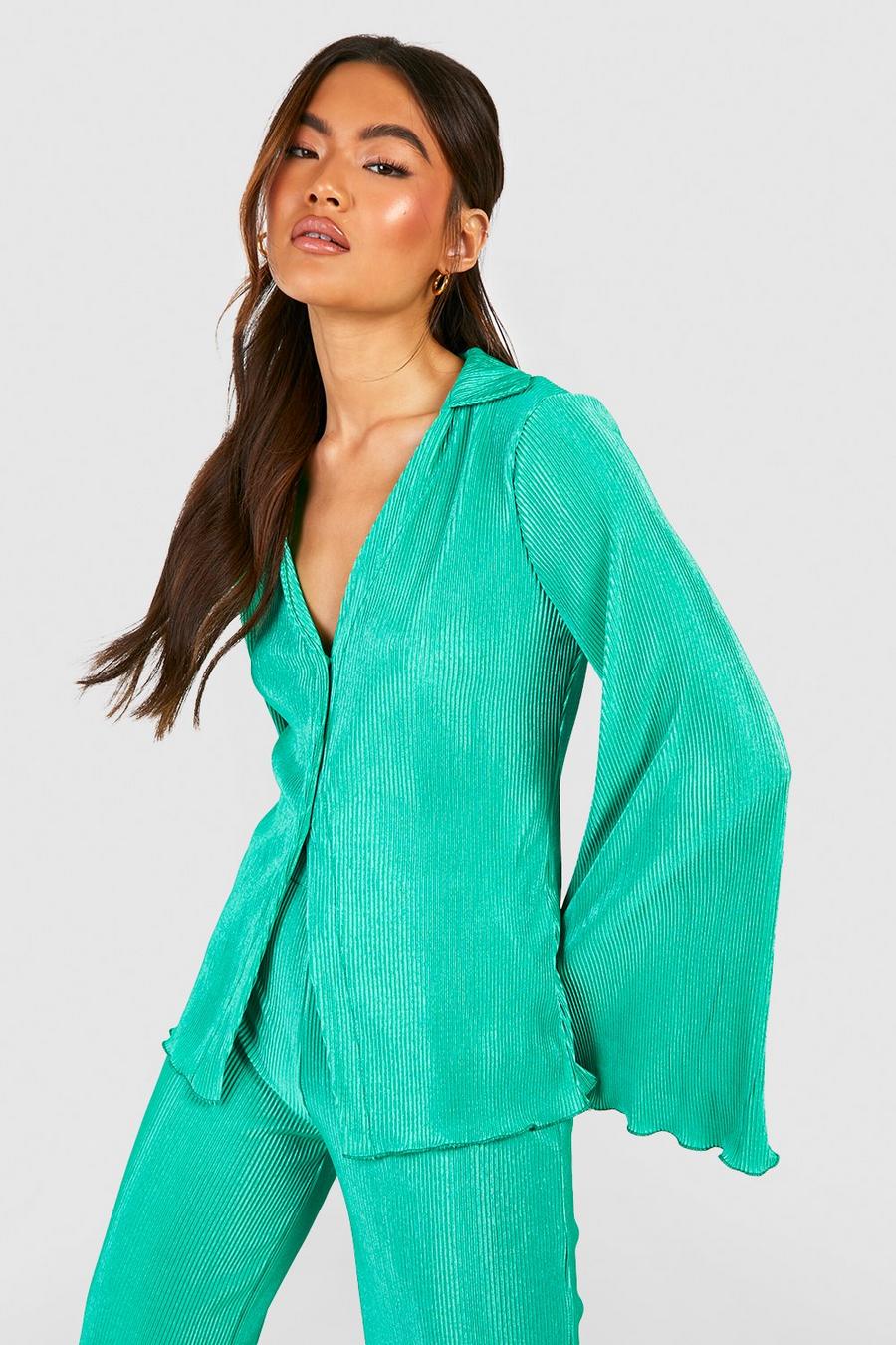 Bright green Plisse Button Front Flared Sleeve Shirt