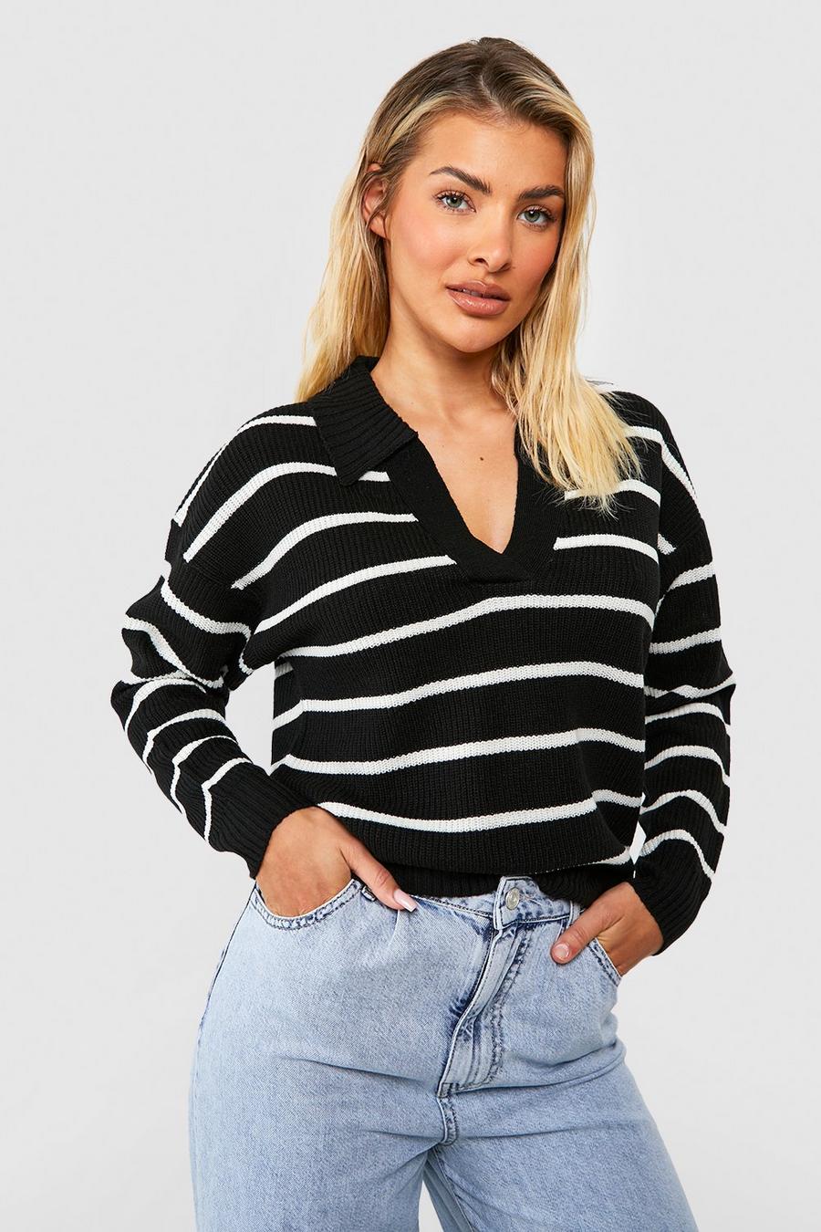 Black Stripe Polo Collar Sweater