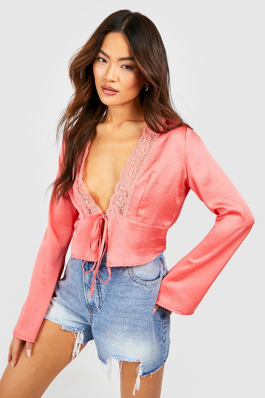 Coral pink Lace Trim Flared Sleeve Tie Detail Blouse