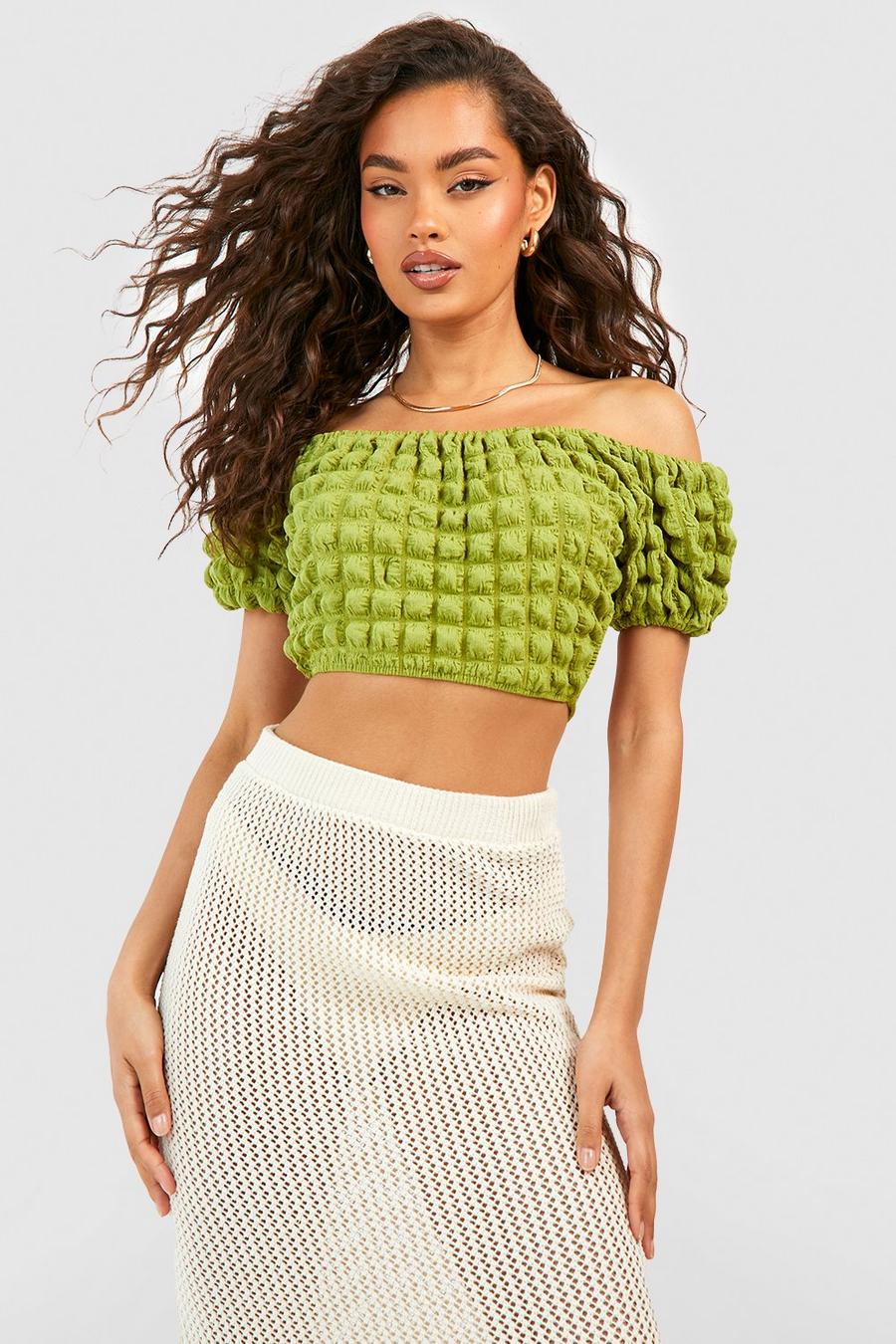 Green Popcorn Textured Puff Sleeve Off The Shoulder Cropped Top image number 1
