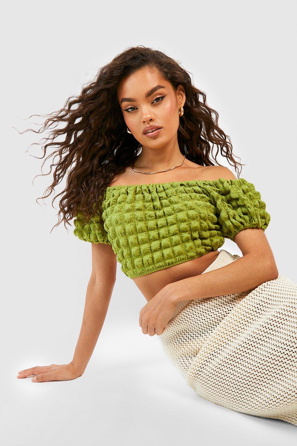 Popcorn Textured Puff Sleeve Off The Shoulder Cropped Top
