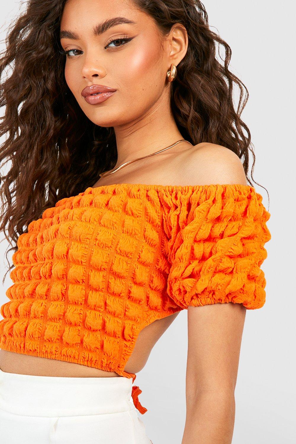 Women s Orange Popcorn Textured Puff Sleeve Off The Shoulder