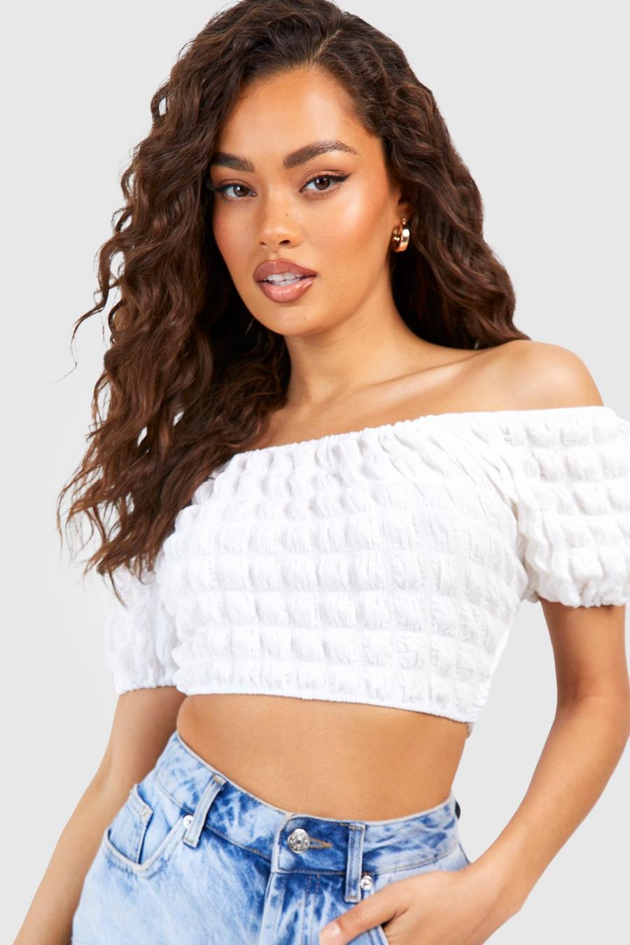 White blanco Popcorn Textured Puff Sleeve Off The Shoulder Cropped Top