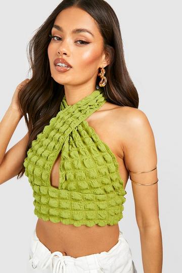 Popcorn Textured Cross Front Halter Cropped Top green